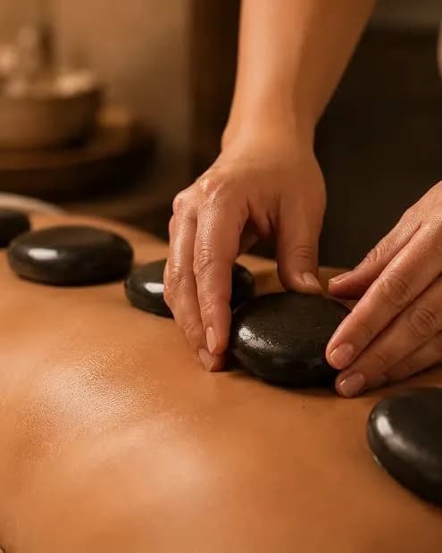 Smooth black basalt hot stones arranged along a guest's back during treatment