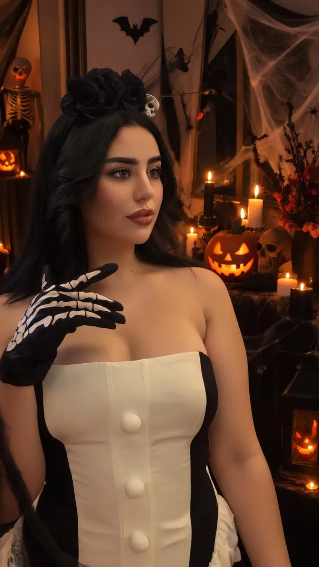 Browns Spa therapist in skeleton gloves among candles and pumpkins